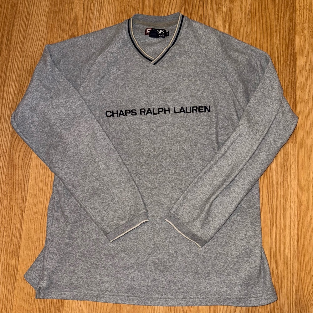CHAPS Ralph Lauren Gray V-Neck Sweater with Navy Trim